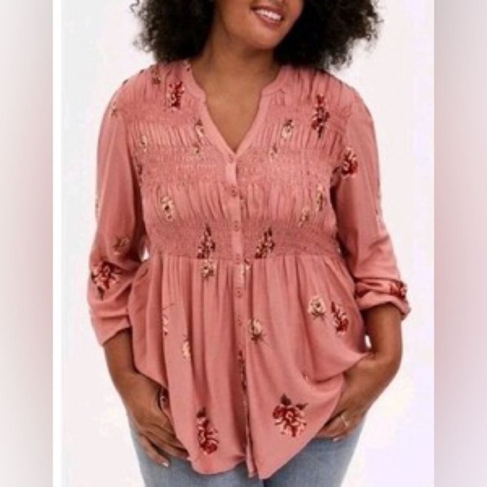 torrid Dusty Rose Floral Smocked Babydoll Blouse
